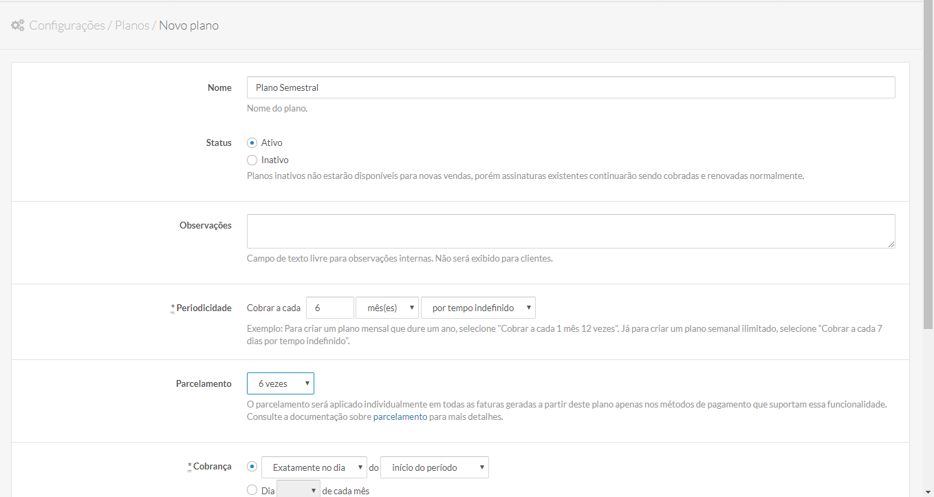 imagem plataforma da Vindi que mostra como criar e editar um plano parcelado